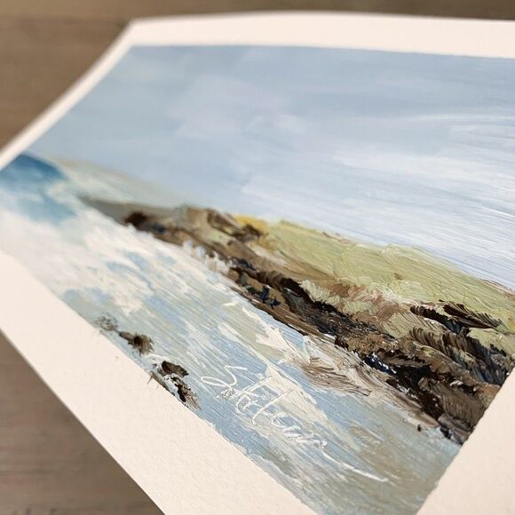 Original Oil Painting Modern Coastal Seascape Impressionist on Paper 5x9 Signed - Picture 2 of 3